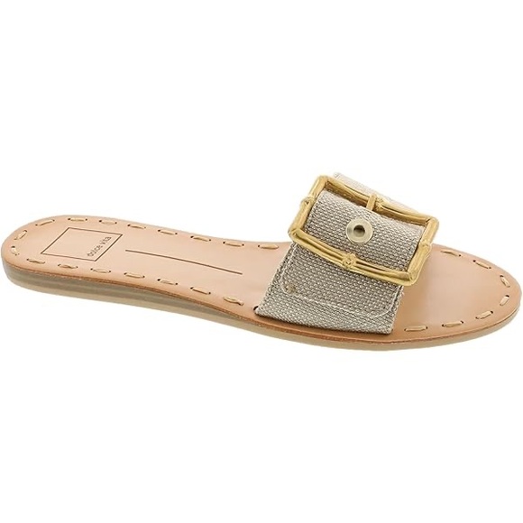Dolce Vita Dasa Slide Sandal Big Buckle Shimmer‎ Gold Raffia Hardware Size 9.5 - Picture 3 of 8